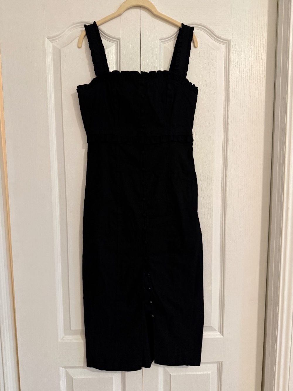 By Anthropologie Black Linen Blend Ruffle Button Midi Dress Size S NWOT